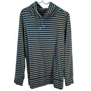 L.L.Bean Top Women's M Teal Gold Stripe Cinch Cowl Neck Tunic Outdoor Hiking